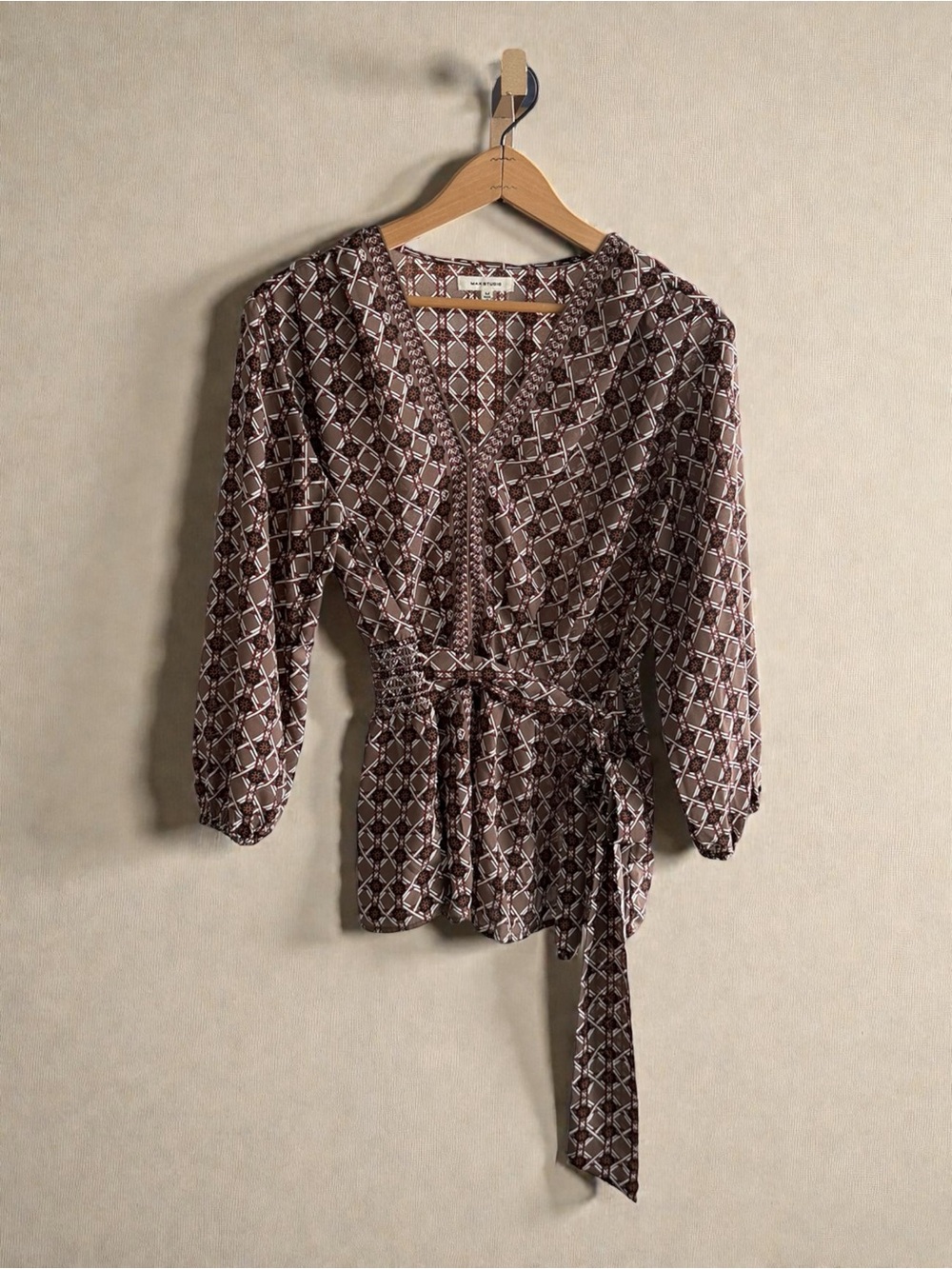 Max Studio Brown Geometric Tie-Waist Blouse